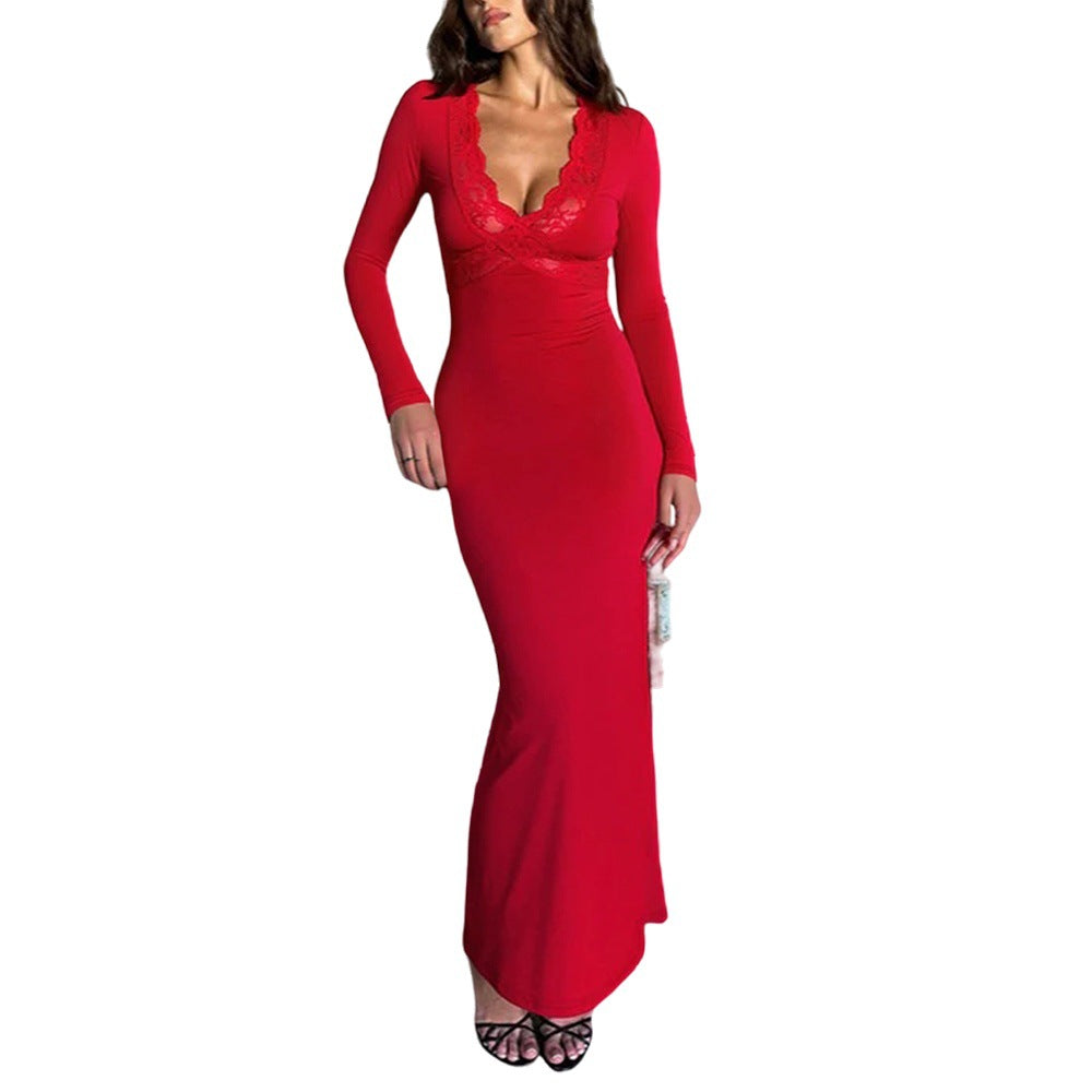 Damen figurbetontes Maxikleid mit Spitzen-Bustier tiefem V-Ausschnitt und taillierter Empire-Naht Eichborn Berlin