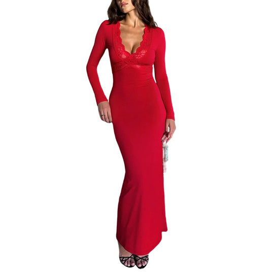 Damen figurbetontes Maxikleid mit Spitzen-Bustier tiefem V-Ausschnitt und taillierter Empire-Naht Eichborn Berlin