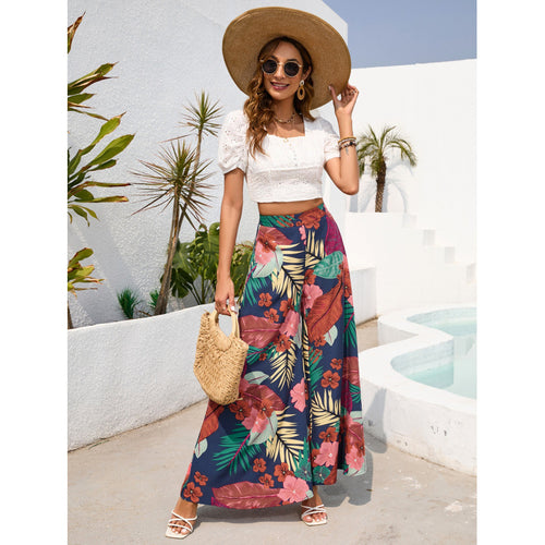 Damen Maxirock mit floralem Print und fließendem Stoff EB
