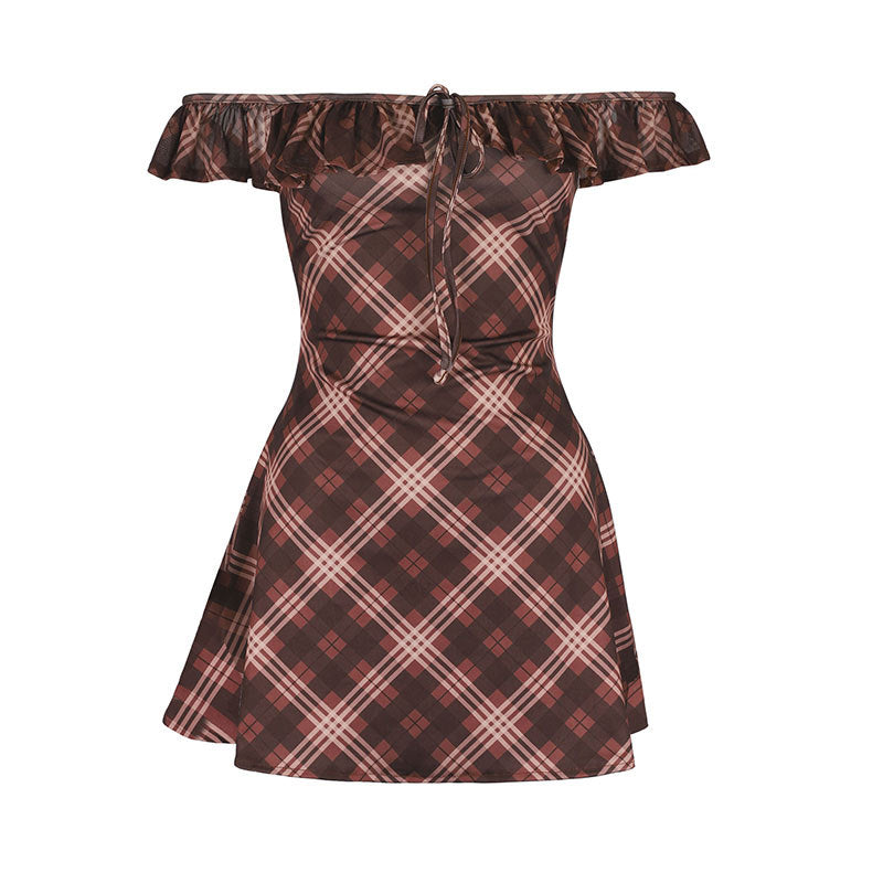Damen Off-Shoulder Minikleid mit verspieltem Rüschensaum und kariertem Design EB