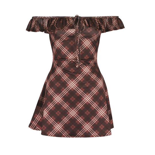 Damen Off-Shoulder Minikleid mit verspieltem Rüschensaum und kariertem Design EB