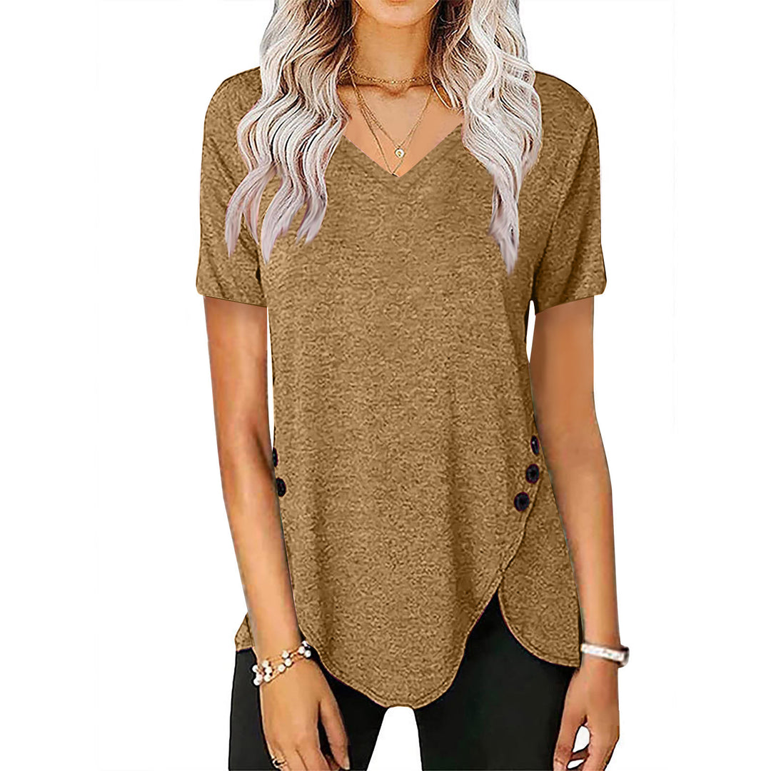 Damen lässiges V-Ausschnitt T-Shirt mit asymmetrischem Saum und dekorativen Knopfdetails EB