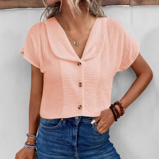 Damen Blusenshirt mit stilvollem Schalkragen und dekorativen Knopfdetails EB