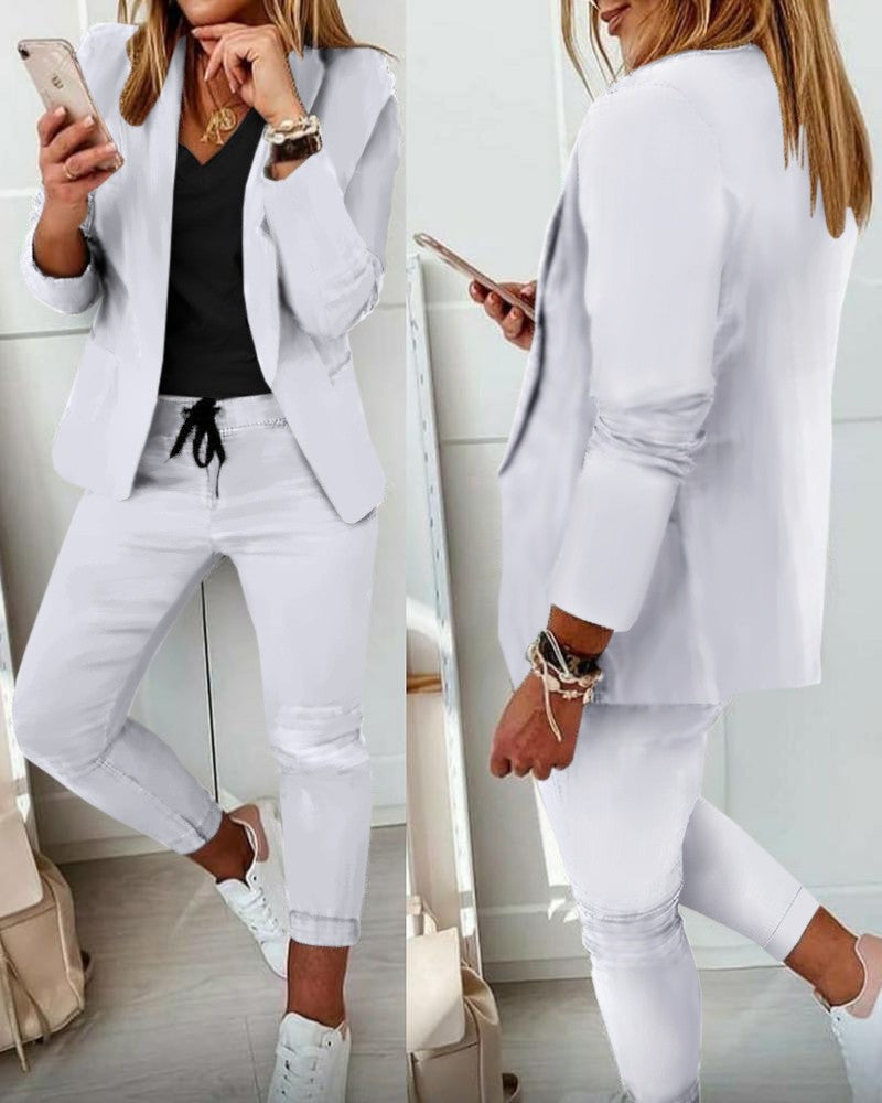 Damen nan Smart-Casual Blazer-Set mit offenem Longblazer und tapered Jogpant mit Kordelzug EB