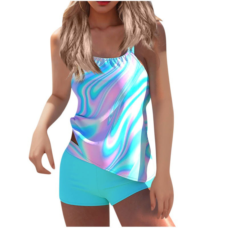 Damen Tankini-Set mit modischem Wasserfarben-Muster und integrierten Shorts EB