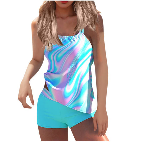 Damen Tankini-Set mit modischem Wasserfarben-Muster und integrierten Shorts EB