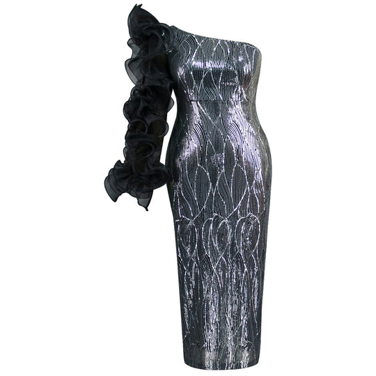 Damen Glitzerndes Abendkleid mit asymmetrischem Schnitt und voluminösen Rüschendetails EB
