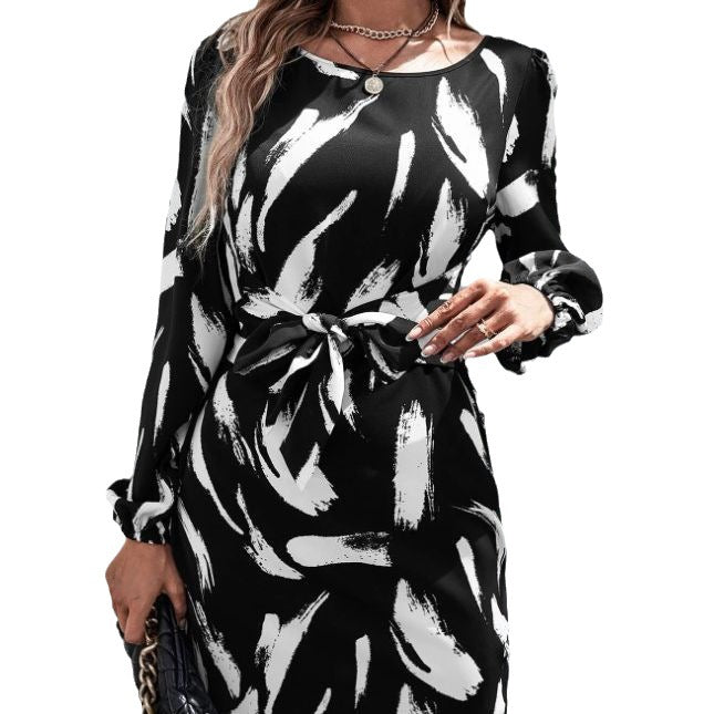 Damen elegantes Midikleid mit Bindegürtel und ballonförmigen Ärmeln EB