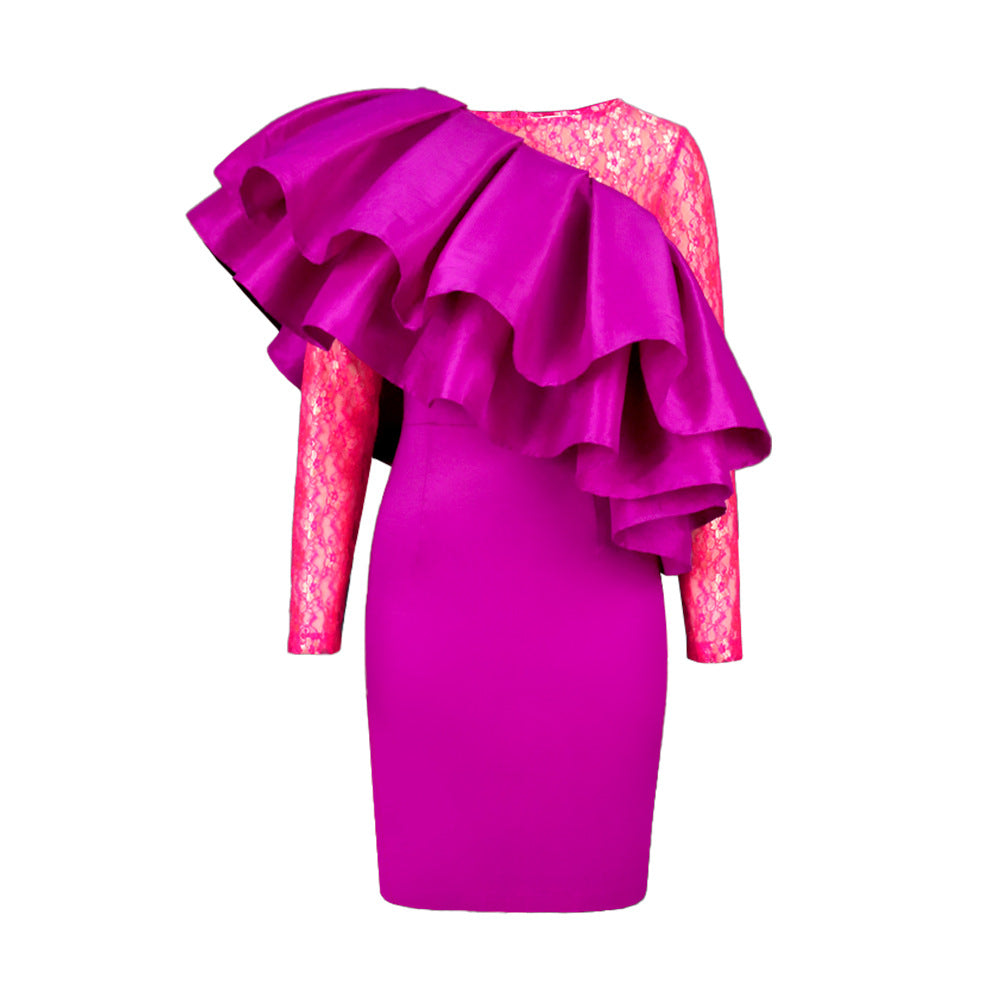 Damen Kleid mit asymmetrischem Rüscheneinsatz und Spitzenoberteil EB