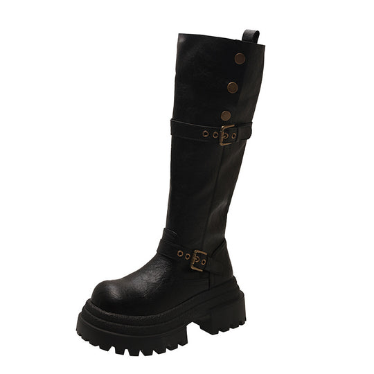 Damen hohe Stiefel mit modischem Schnallendesign und robustem Sohlenprofil EB