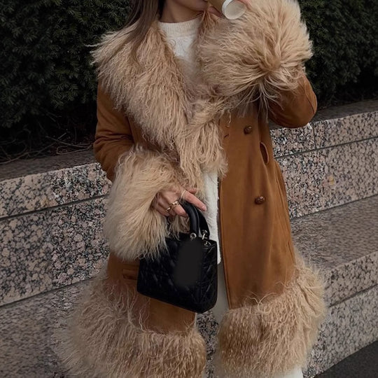 Damen Elegante Teddyjacke mit Taillengürtel und voluminösem Kragen EB