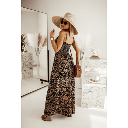 Damen Sleek Leopardenmuster Maxi Kleid EB