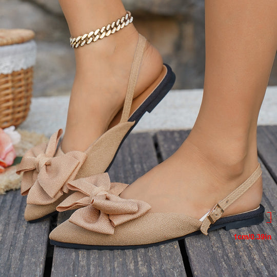 Damen Spitz zulaufende Slingback-Ballerinas mit großer Stoffschleife und flacher Gummisohle EB