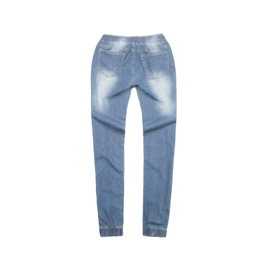 Damen nan schmal geschnittene Denim-Jogginghose mit Elastikbund, Tunnelzug und elastischen Beinbündchen EB