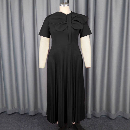 Damen plissiertes Maxikleid mit voluminösem Schleifenkragen EB