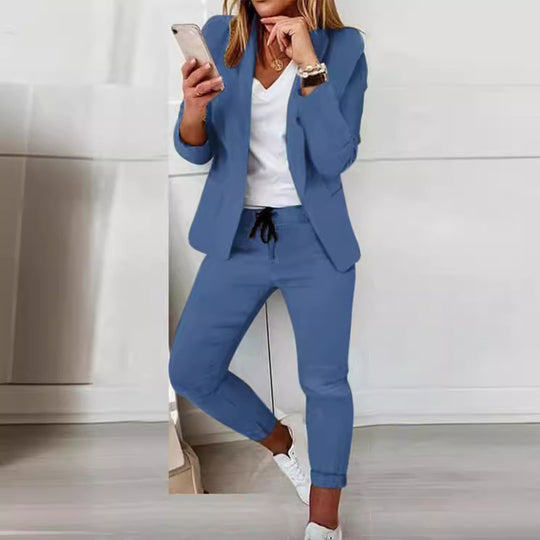 Damen nan lässiges Hosenanzug-Set mit Joggerhose, Kordelzug und tailliertem Blazer EB