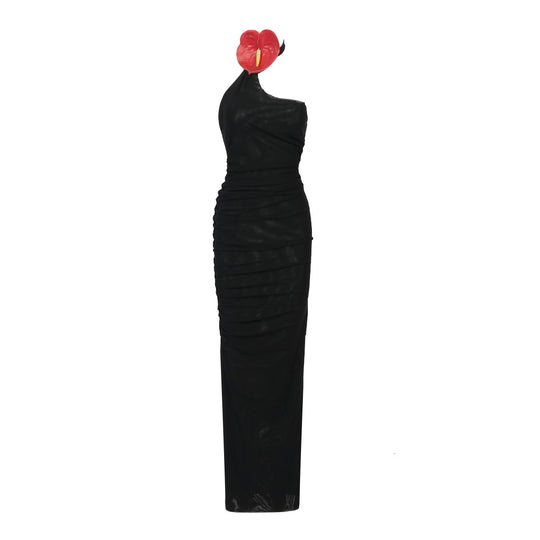 Damen elegantes drapiertes Abendkleid mit asymmetrischem Schnitt und hohem Schlitz EB