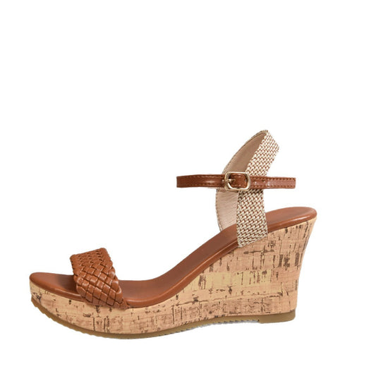 Damen Wedge-Sandaletten mit geflochtenem Riemen und Kork-Absatz EB