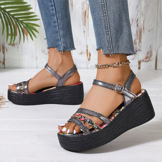 Damen Wedge-Sandalen mit floralem Design und verstellbarem Riemen EB