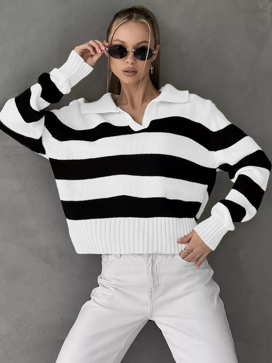 Damen Grob gestrickter Pullover mit breitem Kragen und Blockstreifendesign EB