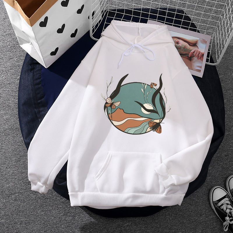 Damen nan lässiger Kapuzenpullover mit künstlerischem Mond‑und‑Pilzmotiv, weichem Fleecefutter und Kängurutasche EB