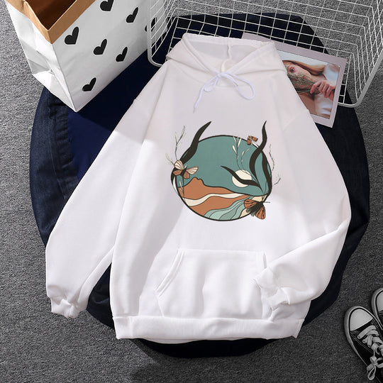 Damen nan lässiger Kapuzenpullover mit künstlerischem Mond‑und‑Pilzmotiv, weichem Fleecefutter und Kängurutasche EB