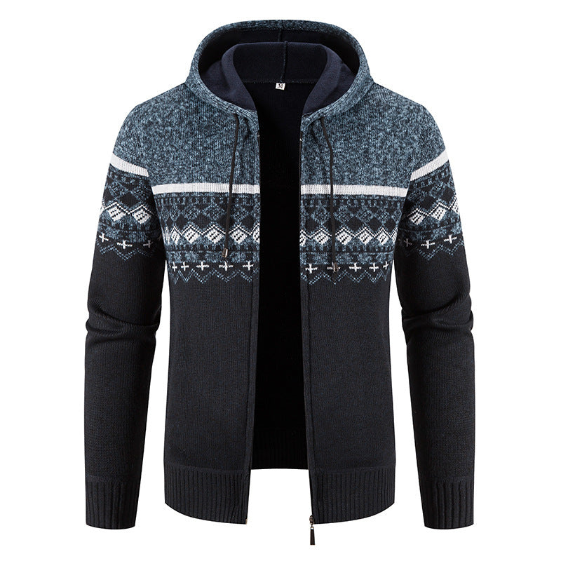 Herren nan gefütterte Strick-Zipjacke im Norwegerstil mit Kapuze und Thermofleece EB