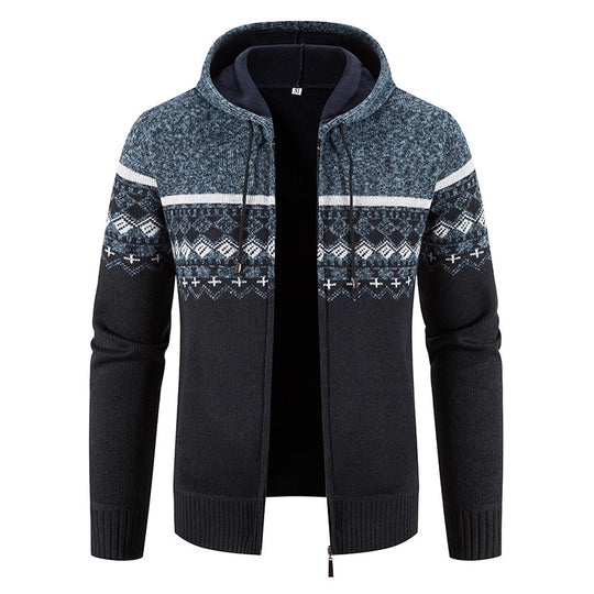 Herren nan gefütterte Strick-Zipjacke im Norwegerstil mit Kapuze und Thermofleece EB