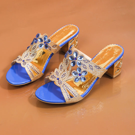 Damen Offene Mules mit verzierenden Blumen und komfortablem Blockabsatz EB
