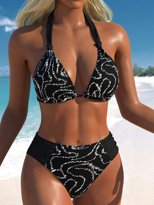 Damen Bikini-Set mit modernen Polka-Dots und hoch taillierter Bikini-Hose EB
