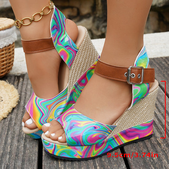 Damen Wedge-Sandaletten mit buntem Marmormuster und verstellbarem Riemen EB