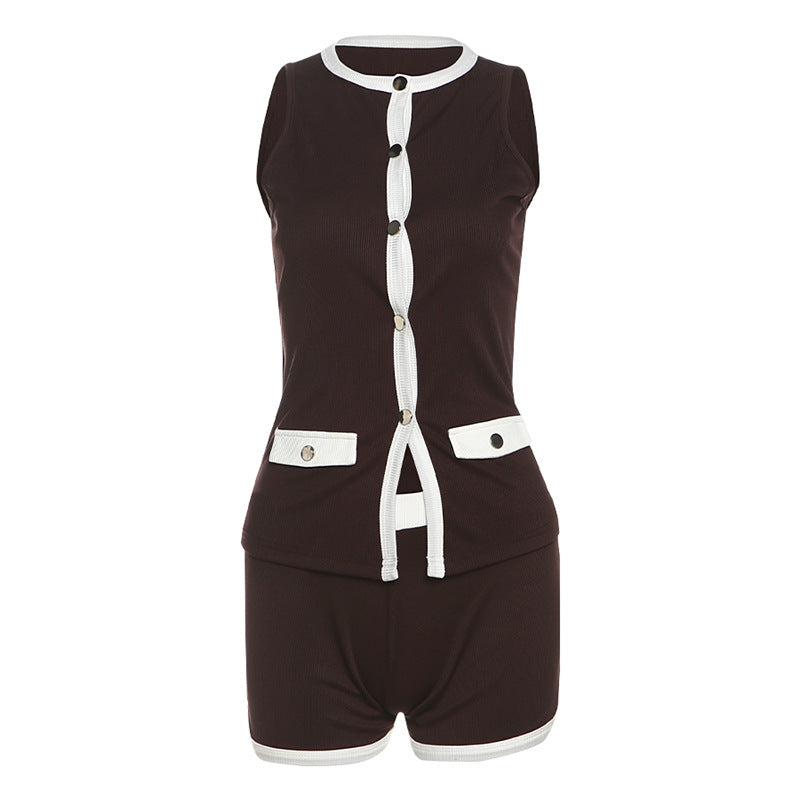 Damen Sportliches Outfit mit Leopardenmuster und Knopfdetaillierung EB