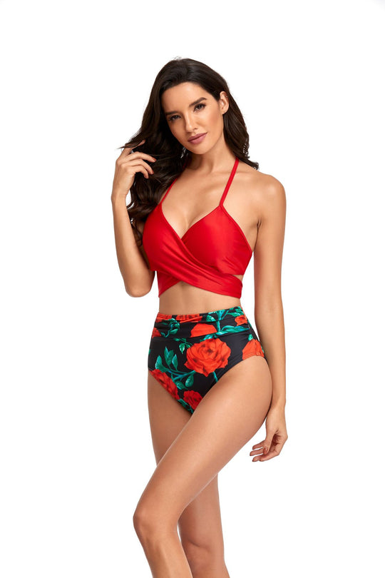 Damen Hochgeschnittener Bikini mit Wickeloberteil und floralen Mustern EB