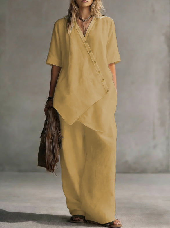 Damen Leinen-Zweiteiler mit asymmetrischer Knopfleiste und weiter Palazzo-Hose EB