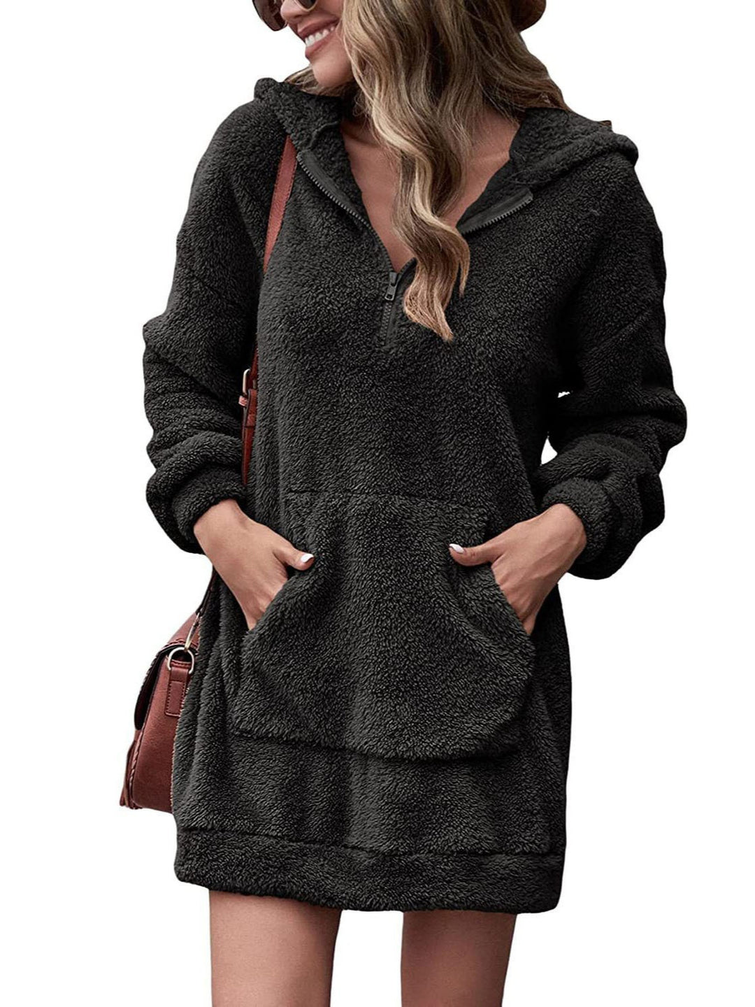 Damen Kuscheliger Hoodie-Kleid mit praktischen Taschen und halben Reißverschluss EB
