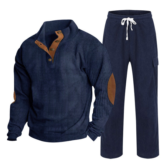 Herren nan strukturiertes Cord-Henley-Loungewear-Set mit Ellenbogenpatches und Cargo-Jogpant EB