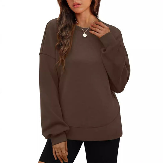 Damen nan lässiges Oversize Rundhals-Sweatshirt mit überschnittener Schulter gerundetem Saum und weichem Innenfutter EB