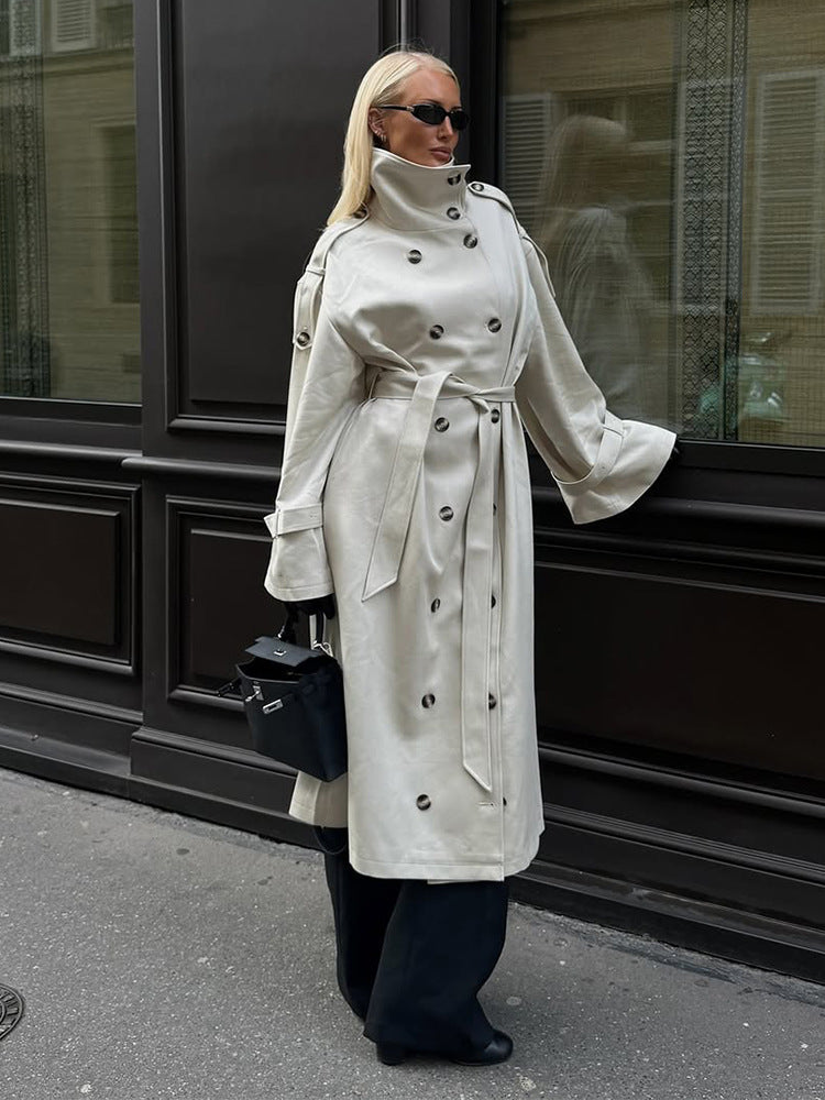 Damen eleganter Mantel mit hohem Kragen und taillierbarem Gürtel EB