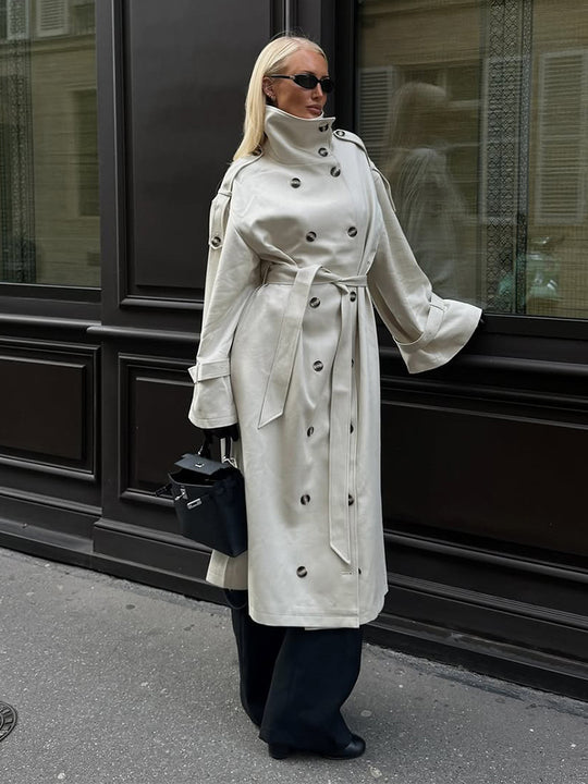 Damen eleganter Mantel mit hohem Kragen und taillierbarem Gürtel EB