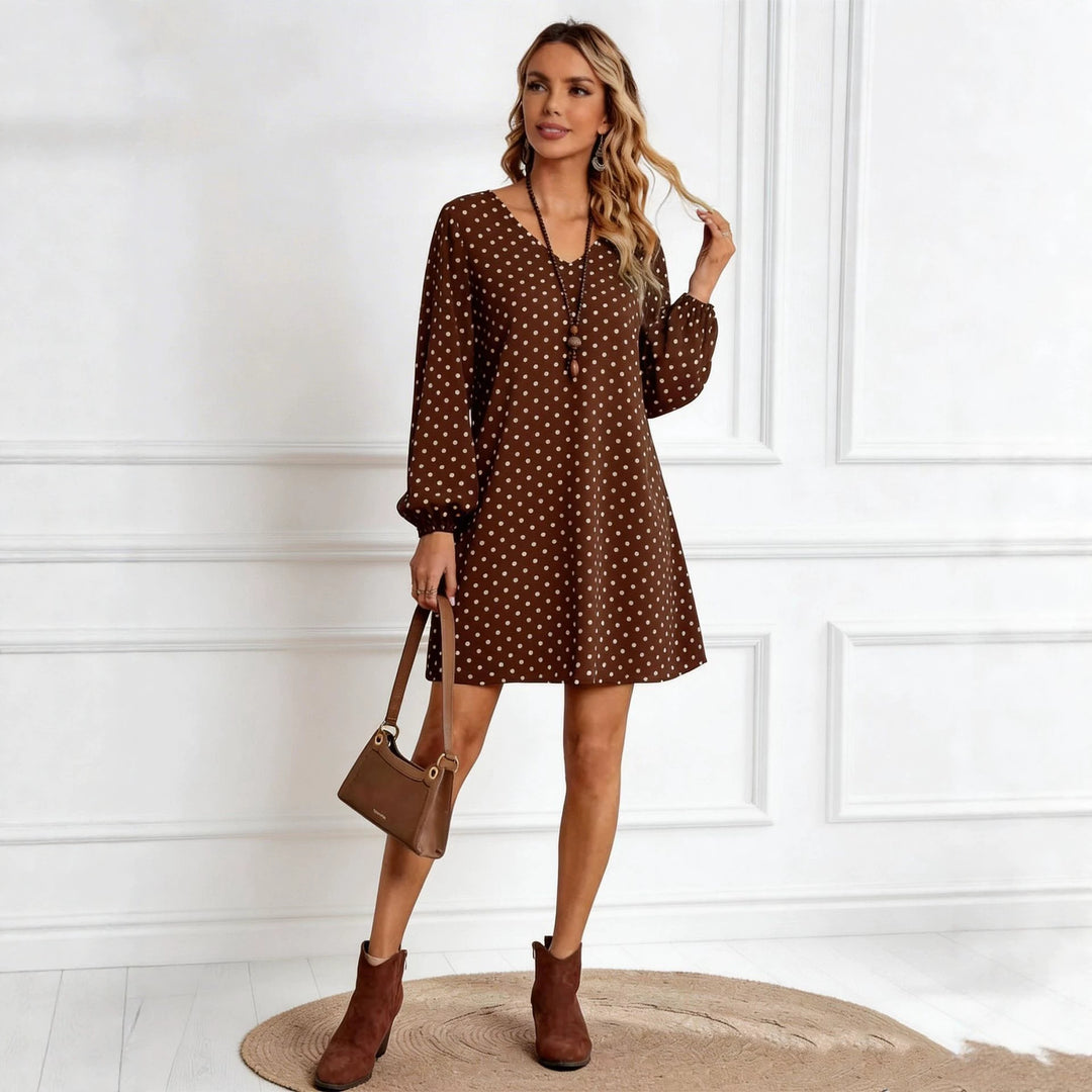Damen Lockeres Tupfen‑Minikleid mit V‑Ausschnitt, Ballonärmeln und schwingender A‑Linie EB