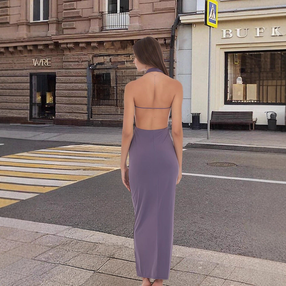 Damen Langarm-Elegant Kleid mit tiefem V-Ausschnitt und fließendem Saum EB