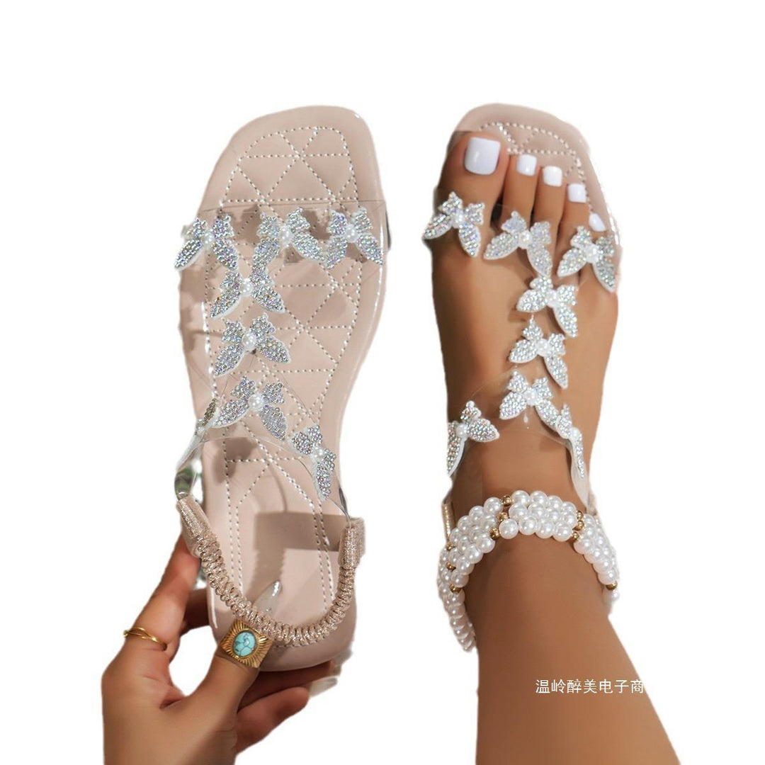 Damen Elegante Strandsandalen mit funkelnden Schmetterlingsapplikationen und komfortabler Sohle EB