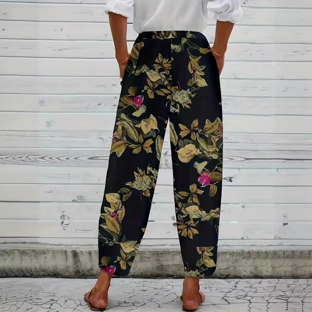 Damen lässige weite Stoffhose mit floralem Muster und elastischem Bund EB