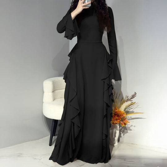 Damen nan Maxikleid mit Volantbesatz, taillierter Empire‑Silhouette und langen Glockenärmeln EB
