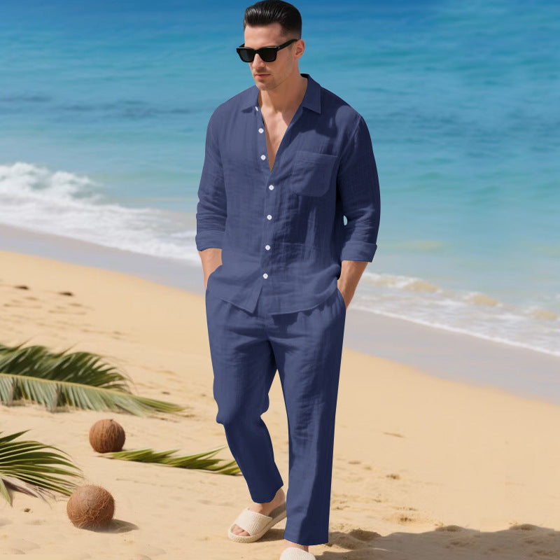 Herren leichtes Leinen-Outfit mit stilvollem Hemd und eleganter Hose EB