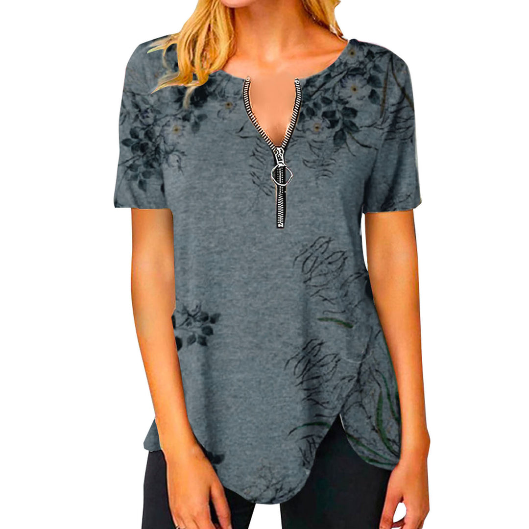 Damen T-Shirt mit halbgeschlossenem Reißverschluss und floralem Muster EB