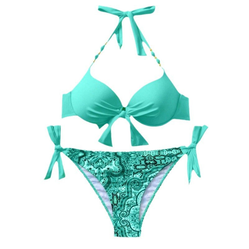 Damen Bikini-Set mit modischen Bindebändern und herausgearbeitetem Muster EB
