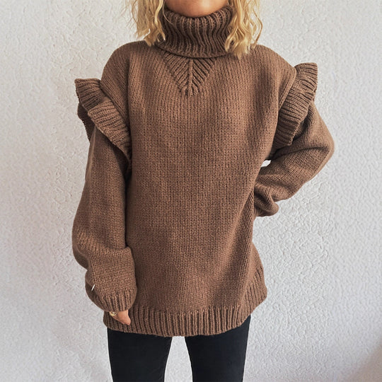 Damen kuscheliger Strickpullover mit Rüschenärmeln und hohem Kragen EB