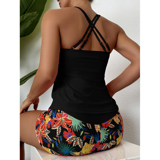 Damen Sportliches Badeanzug-Set mit Cross-Back-Design und Blumenmuster EB