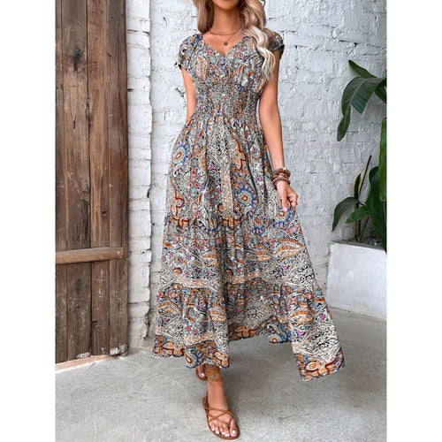 Damen Elegantes Maxikleid mit Floral- und Smock-Detail EB